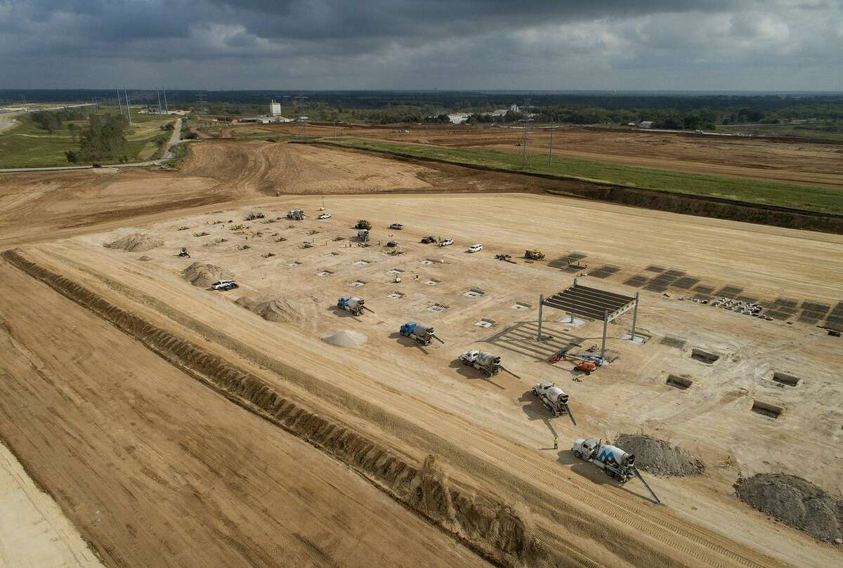 Work underway at Tesla’s “Gigafactory Texas” in southeastern Travis County.