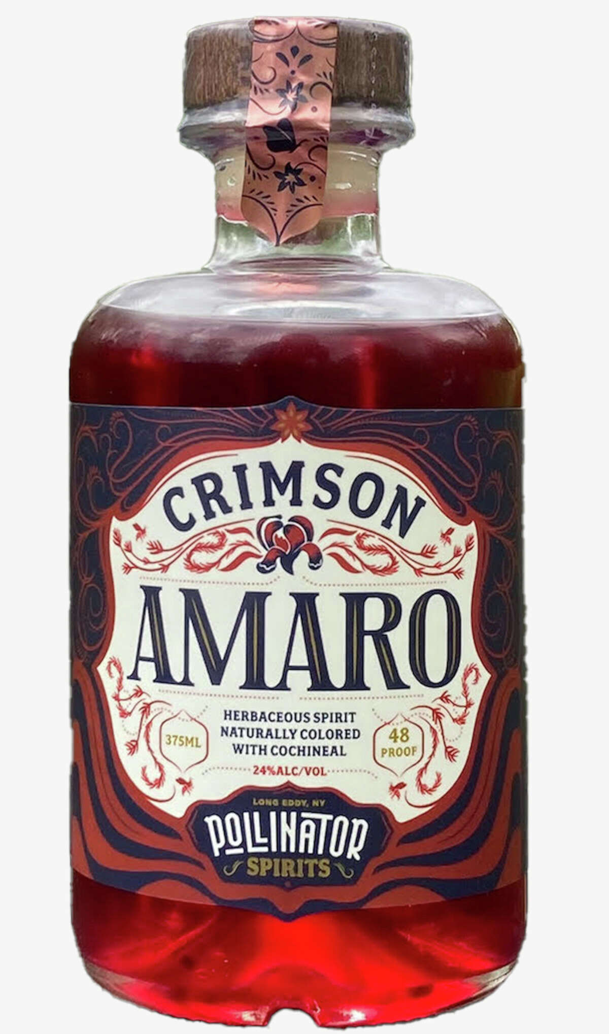 New to the Pollinator brand from Catskill Provisions Distillery is Crimson Amaro, made with the company's vodka and 15 botanicals. It gets its color from cochineal, along used as a food dye and made from insects. 