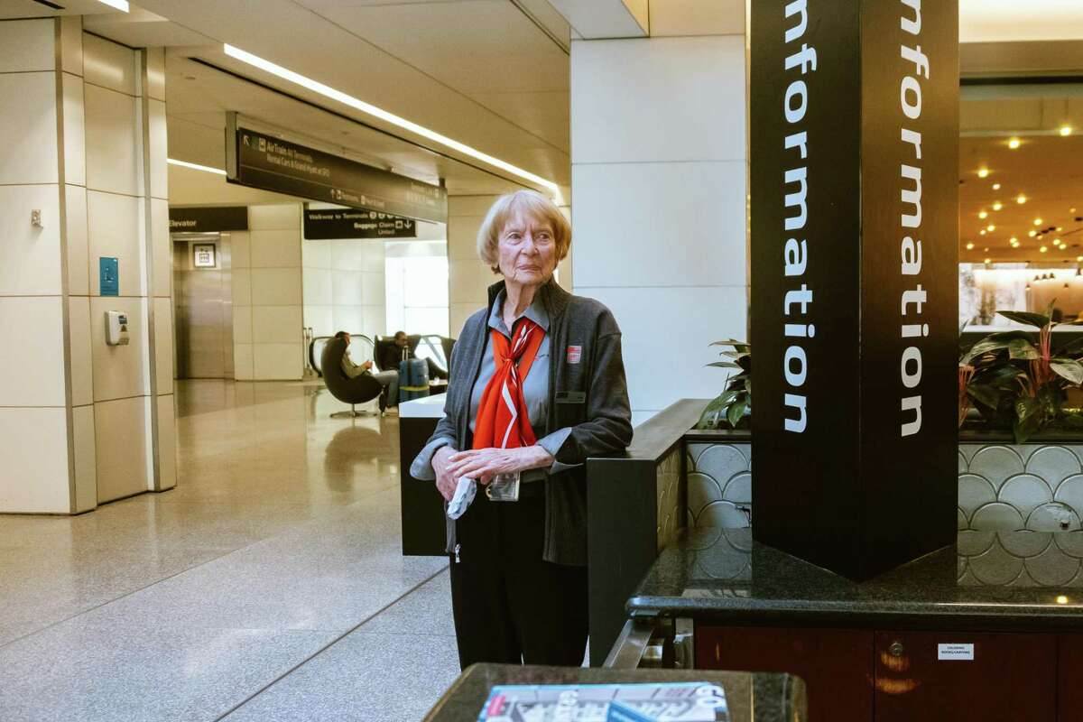 Marge Stone at San Francisco International Airport. Stone is a 94-year-old volunteer greeter at the Travel Aid Booth at SFO. She has worked every Tuesday for 40 years.