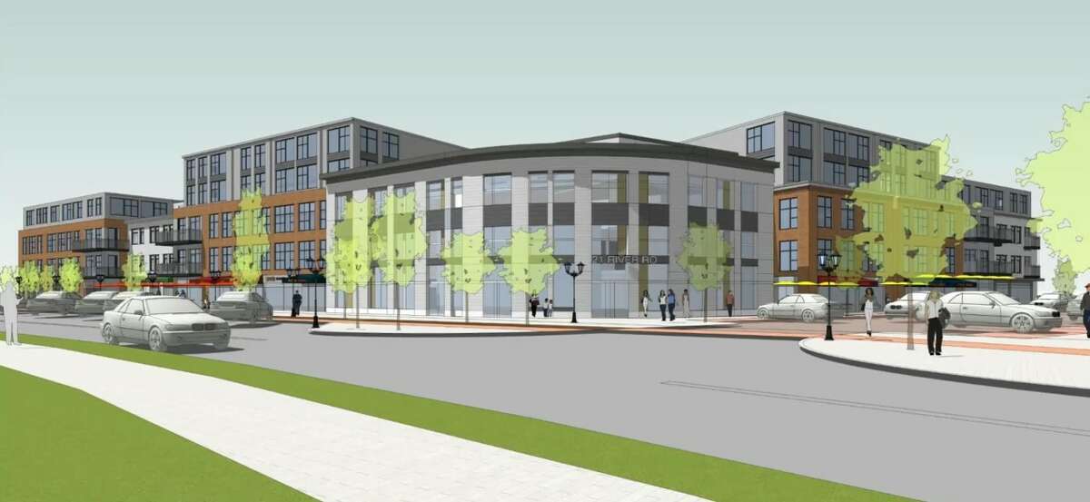 Renderings of the proposed mixed-use building in Wilton Center.