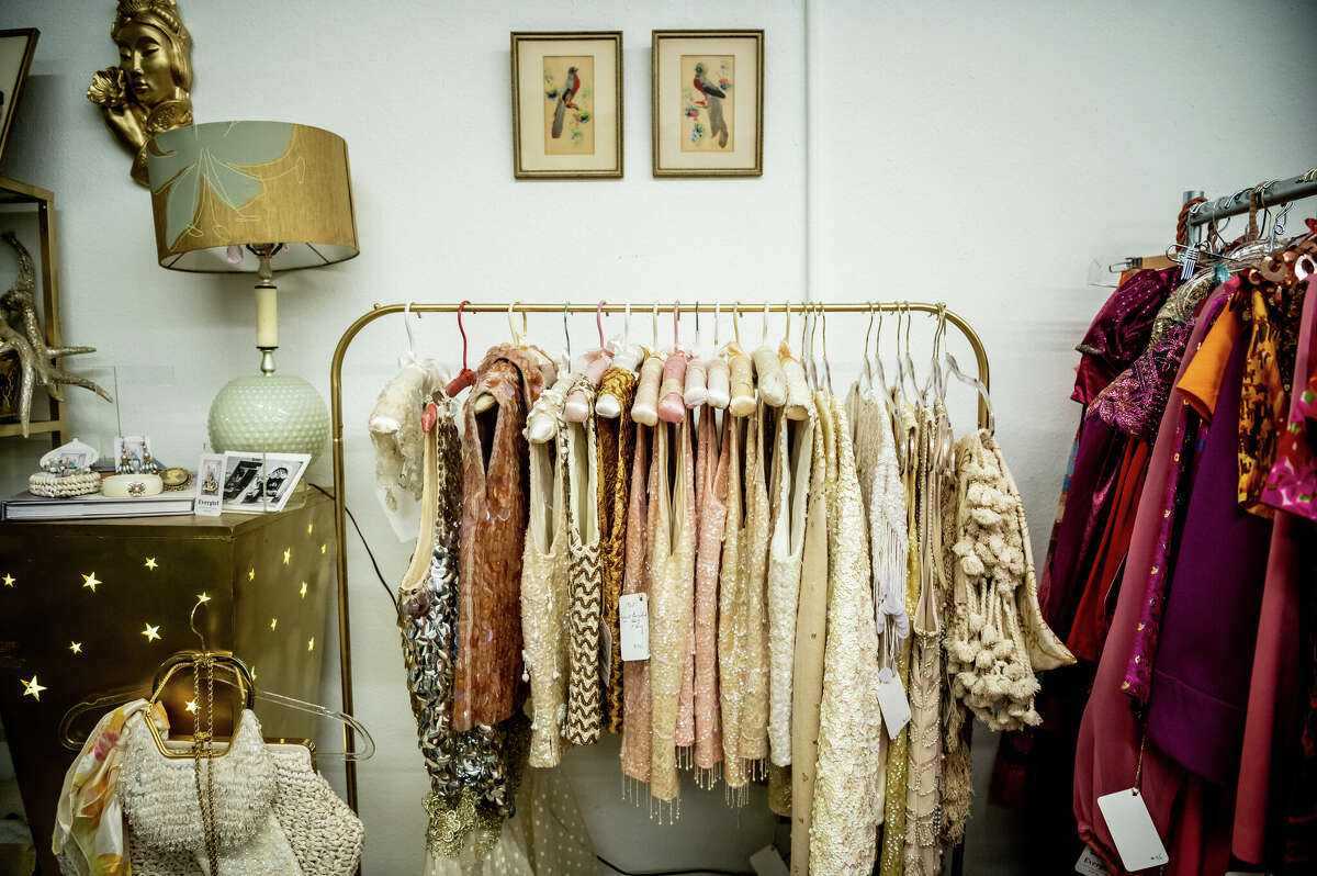 Beaded formalwear for sale at Evergirl Vintage on Saturday, November 5, 2022 in Houston, Texas. The store is owned by Dawn Bell, who styled for the TV series "Mad Men" and features a portion of her extensive vintage collection. 