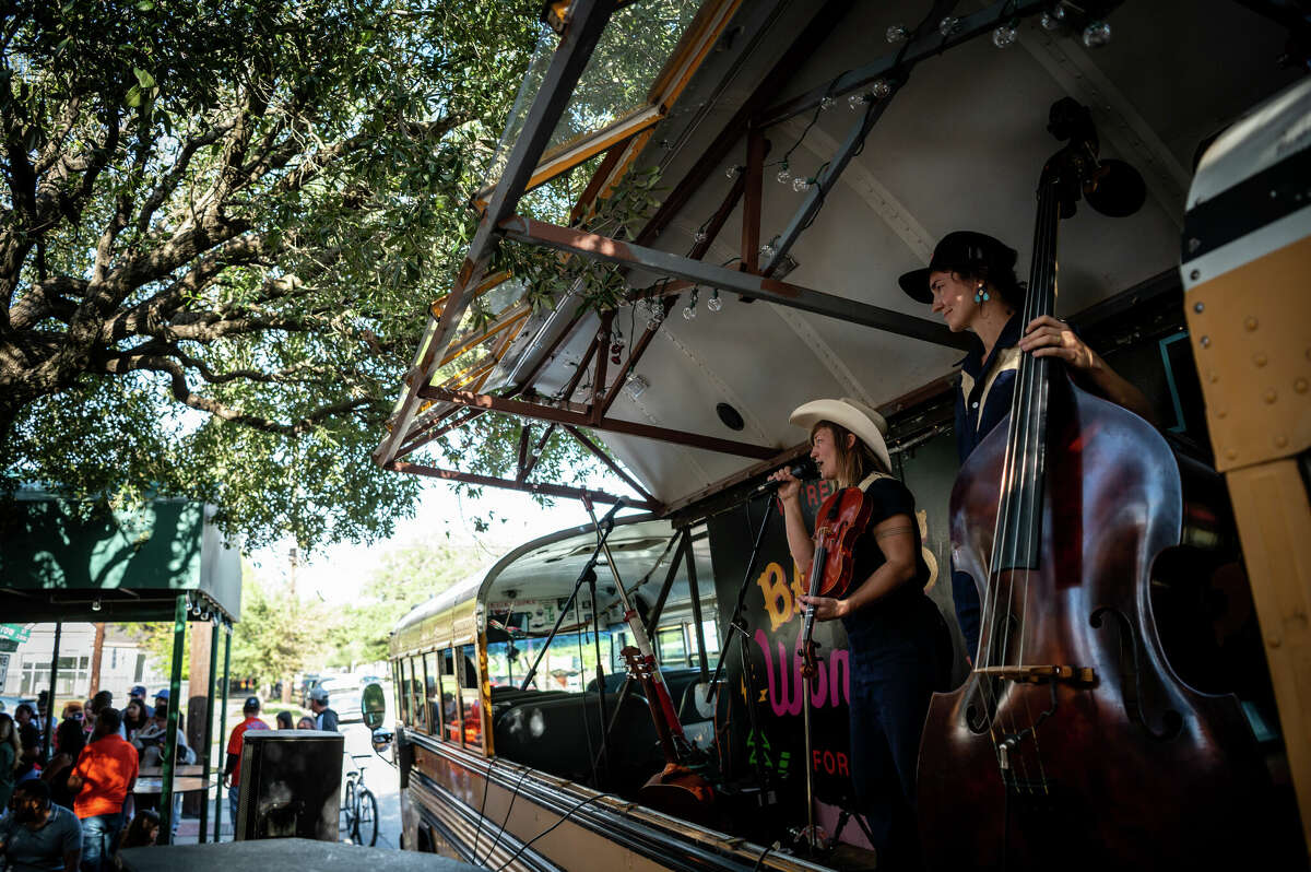 The band "Babes in Wonderland" perform live music during a block party that was organized by the real estate development firm, Concept Neighborhood on Saturday, November 5, 2022 in Houston, Texas. 