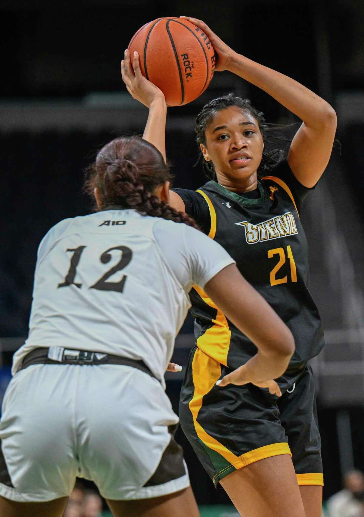 Siena's Anajah Brown, shown earlier this season against St. Bonaventure, had 17 points and 10 rebounds on Monday in a win over Binghamton.