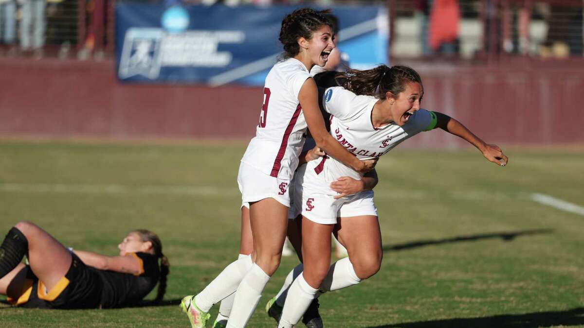 Santa Clara’s Izzy D’Aquila (9), right, celebrates after hittting a header against Cal to score the game-winning point in double overtime of the NCAA Tournament first round women’s soccer match between California Golden Bears and Santa Clara University Broncos in Santa Clara, Calif. on Saturday, Nov. 12, 2022.