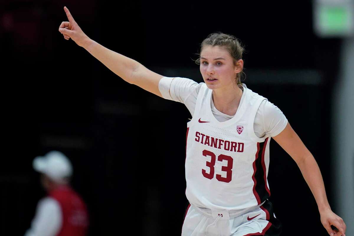 Stanford guard Hannah Jump celebrates after scoring a 3-point basket against Cal Poly during the first half of an NCAA college basketball game in Stanford, Calif., Wednesday, Nov. 16, 2022. (AP Photo/Godofredo A. Vásquez)