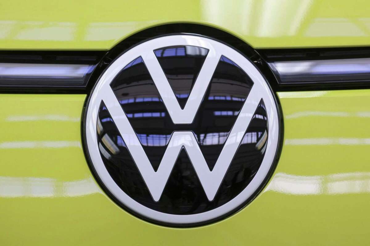 The badge of a Volkswagen ID Buzz electric microbus at the Volkswagen AG (VW) multipurpose and commercial vehicle plant in Hannover, Germany, on June 16, 2022.