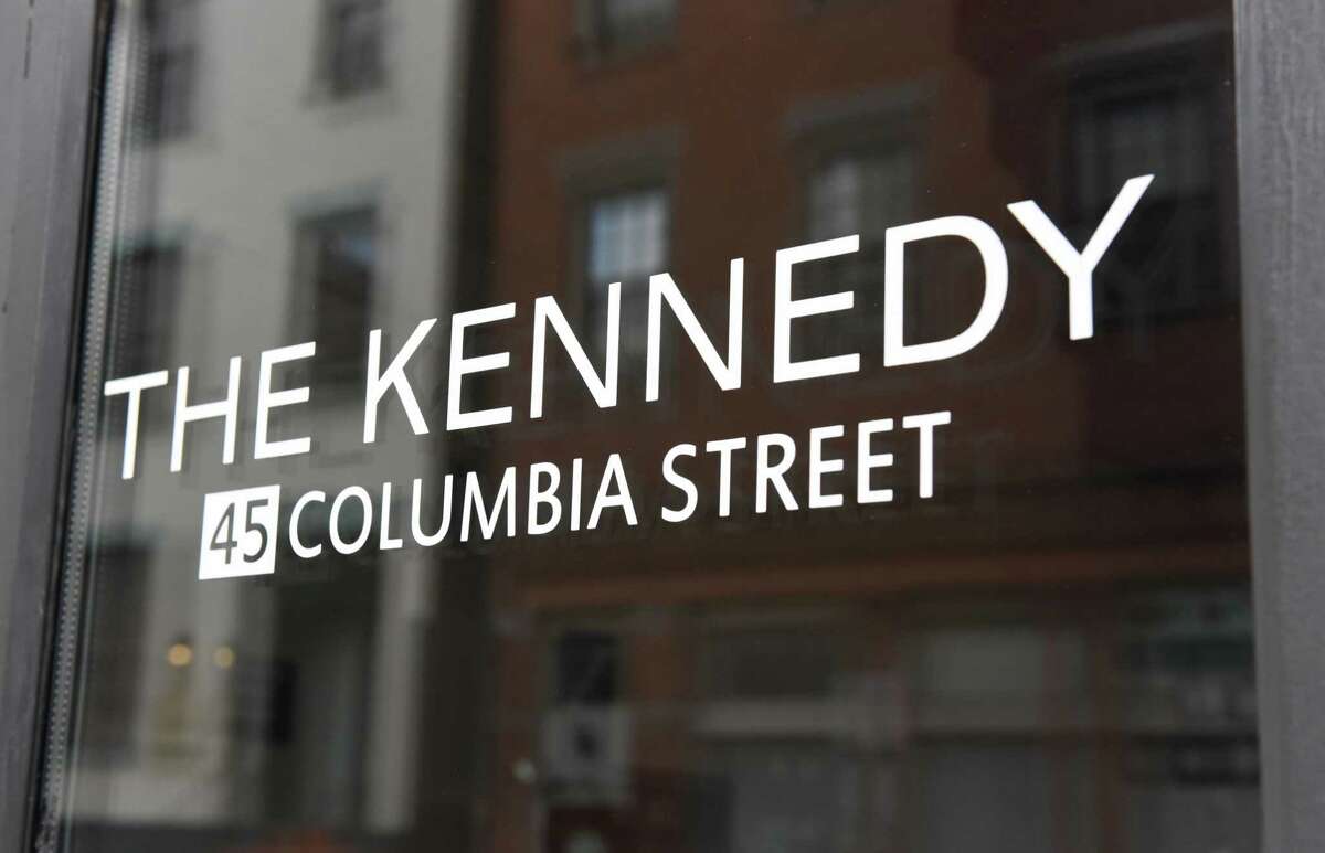 Sign for The Kennedy Apartments, a Redburn Development Partners property, on Thursday, Nov. 17, 2022, on Columbia St. in Albany, N.Y. Redburn is being sued by former construction laborers who worked on the site for allegedly allowing a racially hostile work environment to fester on job sites where the plaintiffs say they were subjected to racial slurs.