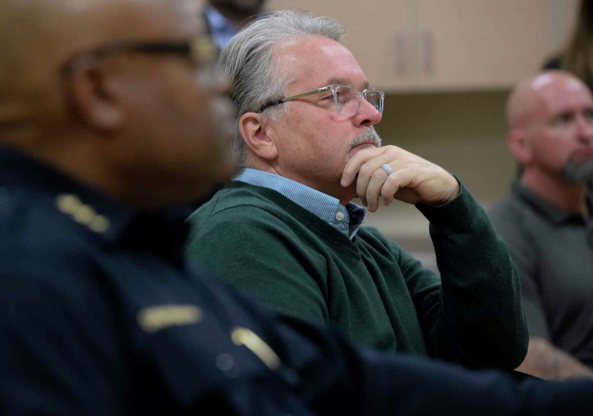 Mayor Dean Esposito listens to an Axon presumption    of their VR, virtual reality, grooming  to the Danbury Police Department connected  Thursday morning. It included taser simulator technology. November 17, 2022, Danbury, Conn.