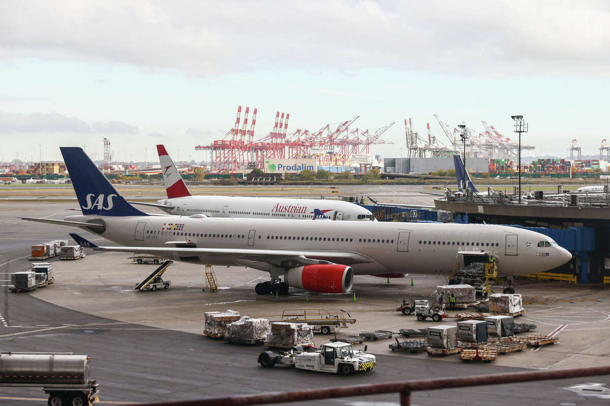 Scandinavian Airlines and Austrian Airlines planes are seen at Newark Liberty International Airport in October. The airport recently unveiled its new $2.7 billion Terminal A.