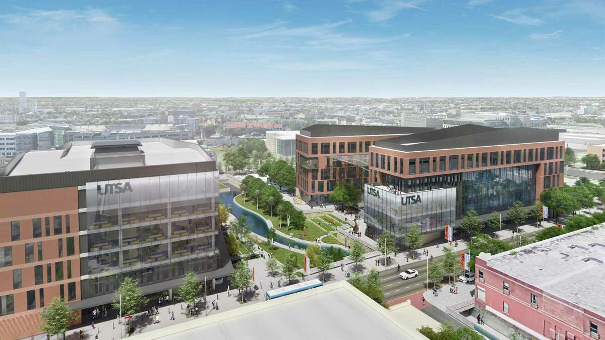 UT System regents allocated bond proceeds backed by the Permanent University Fund to build UTSA's Innovation, Entrepreneurship and Careers Building, shown at right in an early artist’s rendering — which might look different once it’s designed. The university’s soon-to-open data science building is at left.