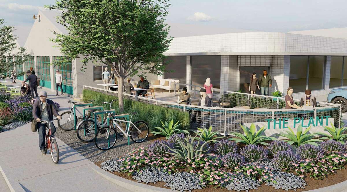 A rendering of a patio planned on the  northeast corner of Sampson Street and Harrisburg Boulevard at The Plant, an adaptive re use mixed-use project comprising of neighborhood retail, office, and restaurant space adjacent to the Coffee Plant/Second Ward METRORail stop in the Second Ward.”