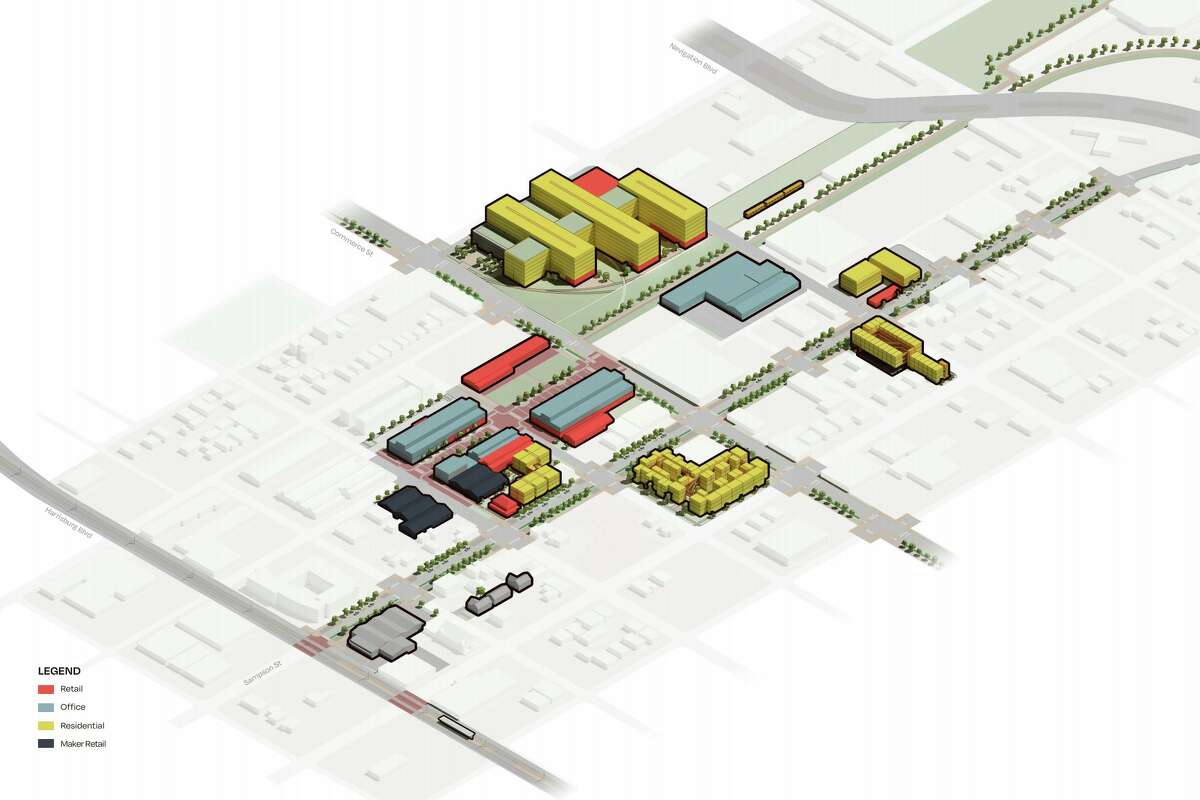 An early conceptual map showing where Concept Neighborhood wants to build residential, retail and office. Harrisburg Boulevard is to the south of the map while Navigation Boulevard is in the right upper corner a few blocks from Buffalo Bayou.