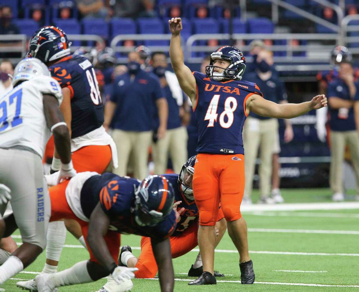 UTSA kicker Hunter Duplessis (48) watches his successful field goal attempt against Middle Tennessee during their game at the Alamodome on Friday, Sept. 25, 2020. UTSA wins, 37-35, over Middle Tennessee.