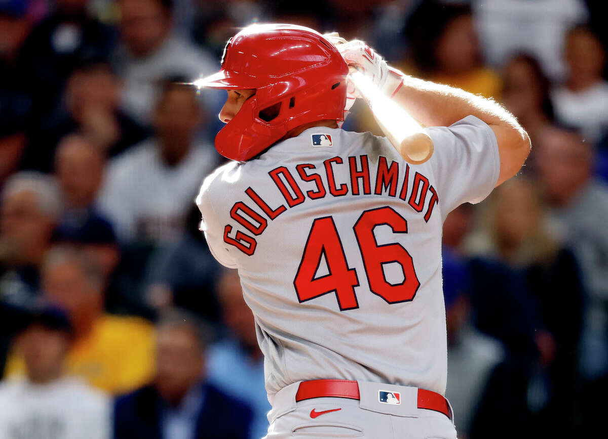 St. Louis Cardinals' Paul Goldschmidt bats during the seventh inning of a baseball game against the Milwaukee Brewers, Thursday, Sept. 23, 2021, in Milwaukee.