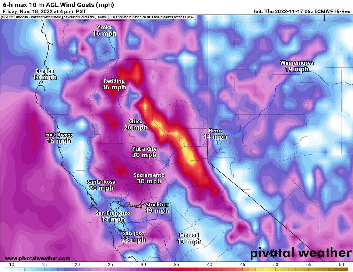The peak wind gusts of the European weather model will blow across northern California, the Sacramento Valley, Sierra Nevada and the Bay Area on Friday afternoon. Some of the strongest winds will be concentrated over the western flank of the Sierra, while gusts in excess of 40 mph will also be possible in the North Bay Mountains and Diablo Range.