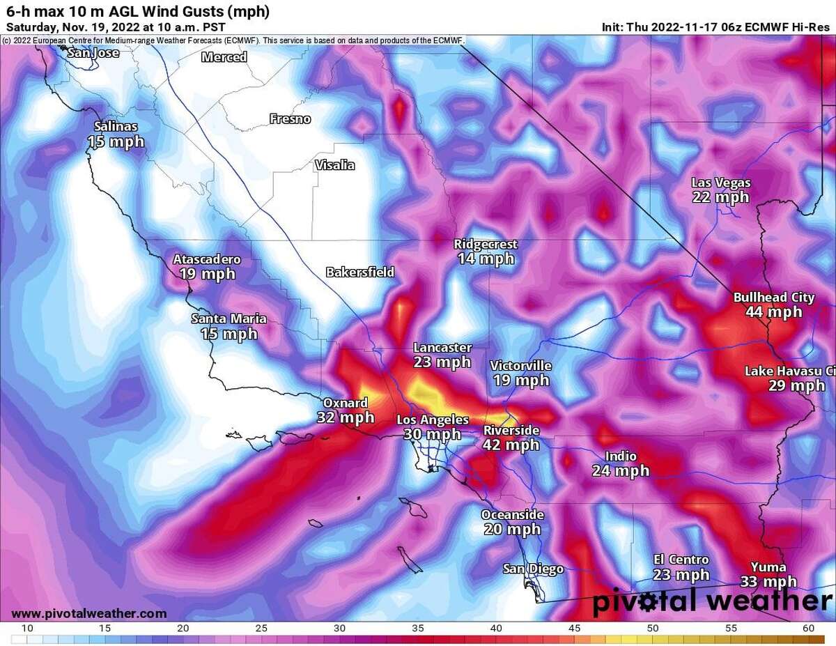 On Saturday, the European weather model forecast maximum gusts of wind for Southern California. The strongest winds appear to be concentrated in the San Gabriel Mountains, Santa Monica Range, Cajon Pass, and the San Bernardino Mountains.