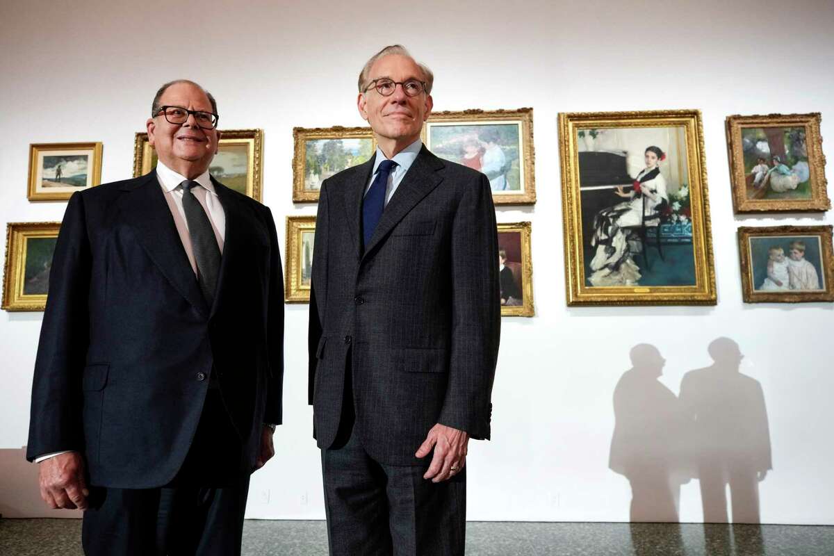 Christopher Sarofim, left, and Gary Tinterow, Director of the Museum of Fine Arts, Houston, pose for a portrait with some of the art Sarofim’s family is loaning to MFAH on Thursday, Nov. 17, 2022 in Houston. The 200-piece collection of the late Fayez Sarofim, spanning 4,000 years, is now on long-term loan at MFAH indefinitely.