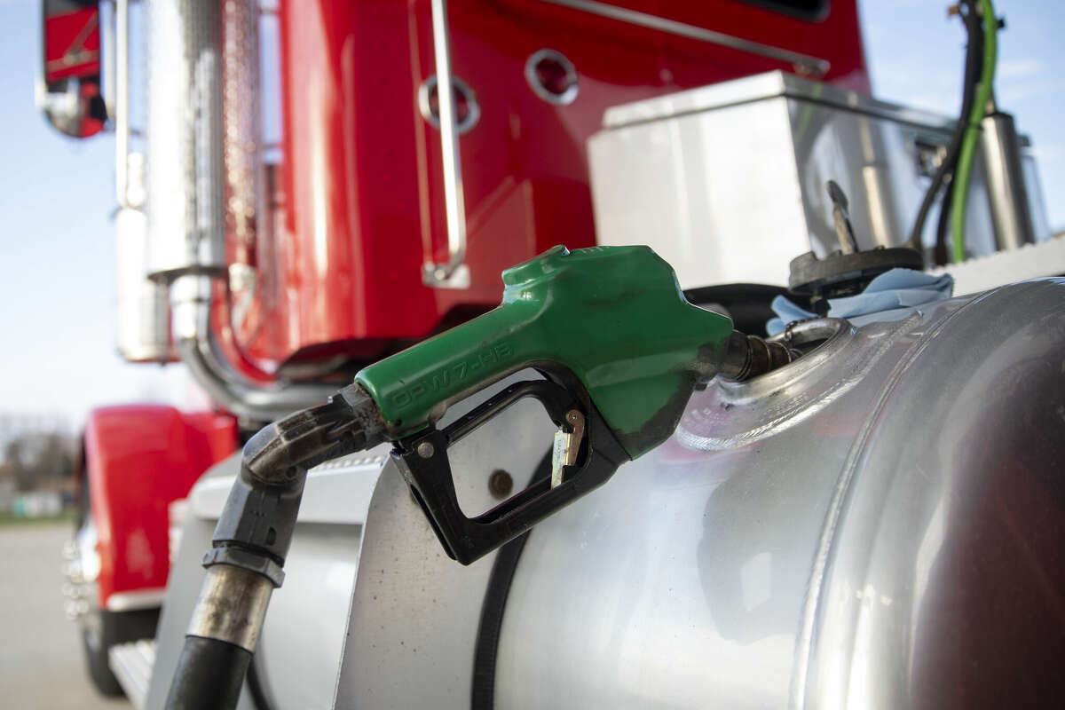 A truck fuels up with diesel in Princeton, Illinois. According to the Illinois Farm Bureau, diesel supplies are tight but won't run out.