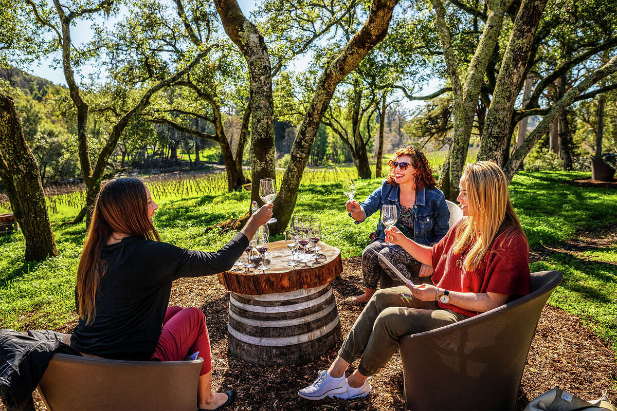 A trio of women take in the vineyard views of Bartholomew Estate Winery while wine tasting in Sonoma, California. 