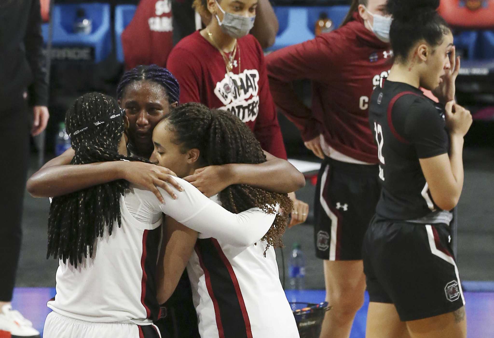 Minneapolis, United States. 02nd Apr, 2022. Standford Cardinals Haley Jones  (30) is called for a charge on Connecticut Huskies Aaliyah Edwards (3) in  game two of the Women's Final Four Semi Finals