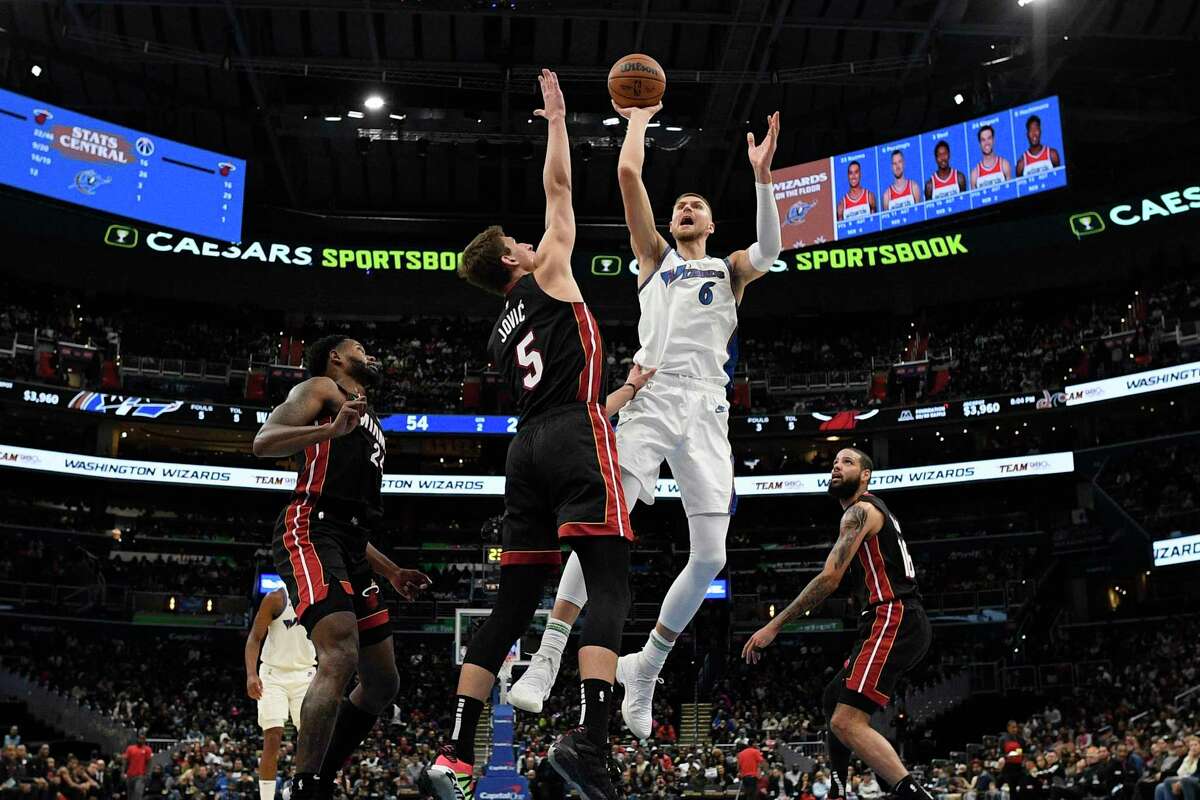 Wizards center Kristaps Porzingis had 20 points and a season-high 17 rebounds in Washington’s win over the undermanned Heat.