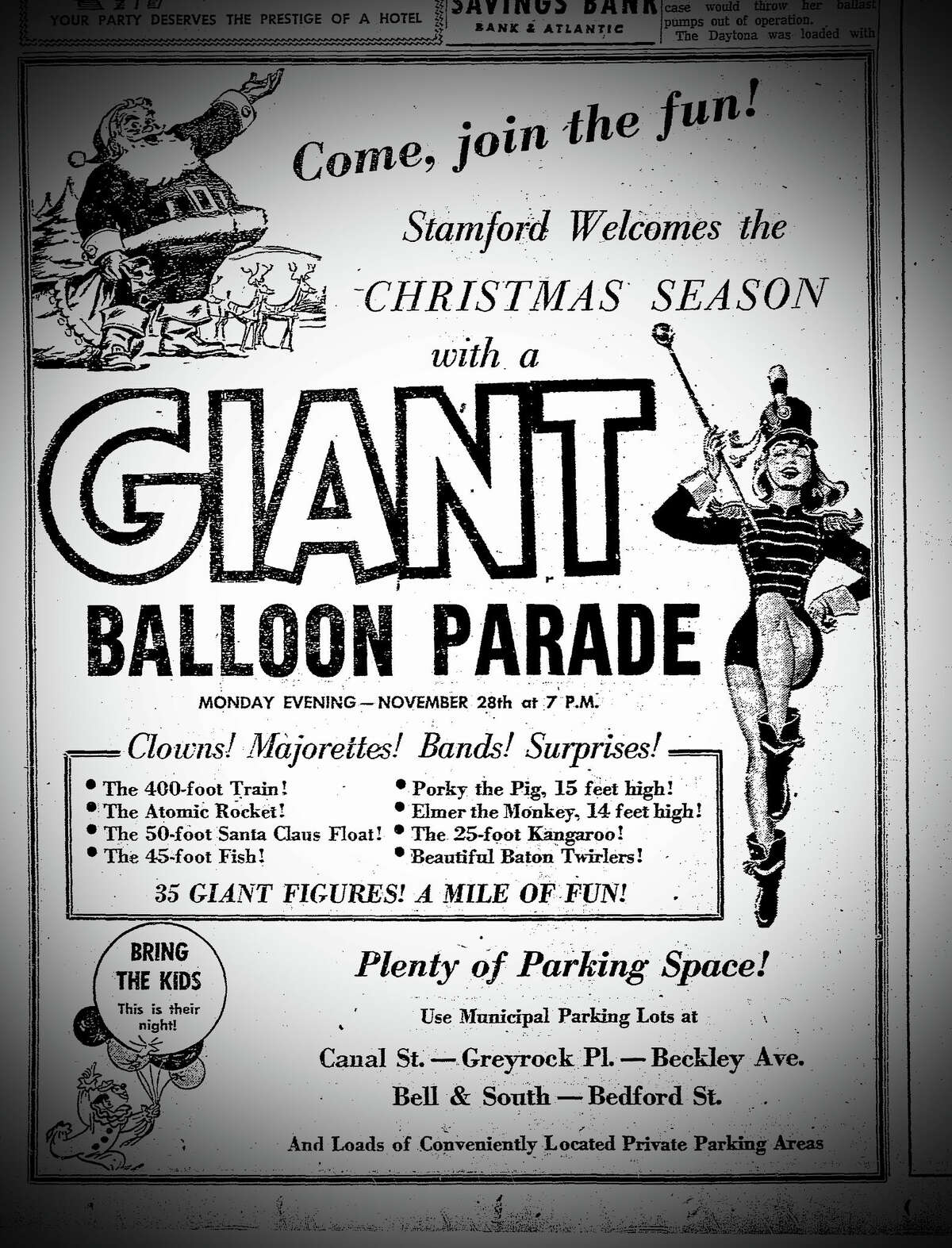 An ad for Stamford's holiday parade in the Stamford Advocate on Nov. 21, 1955.