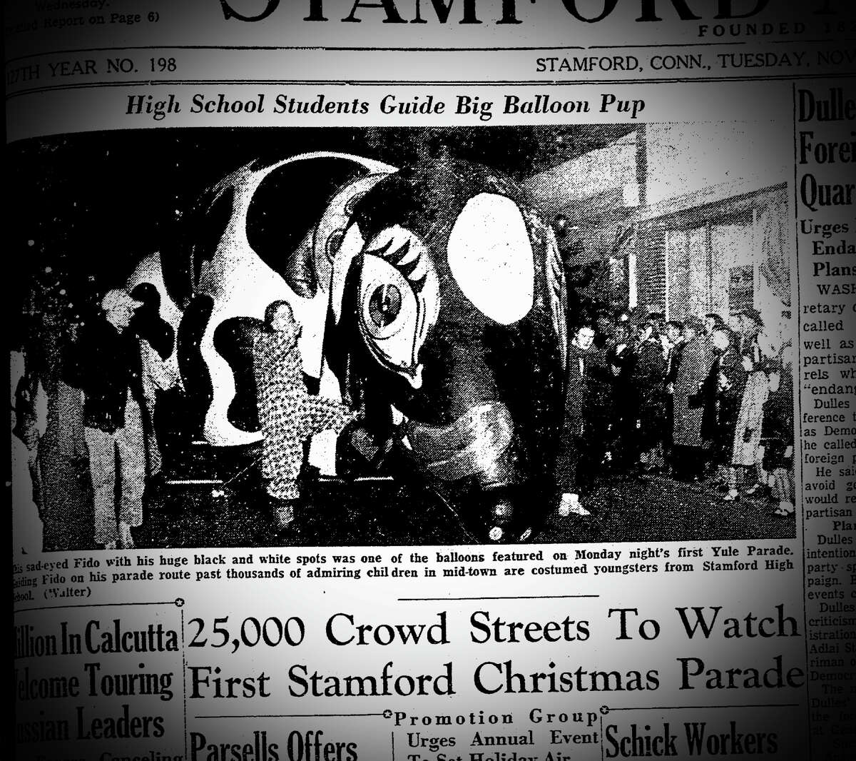 The front page of the Stamford Advocate after the first holiday parade in 1955.