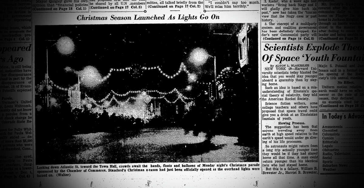 Lights strung across Atlantic Street in Stamford during the holiday season in 1956.