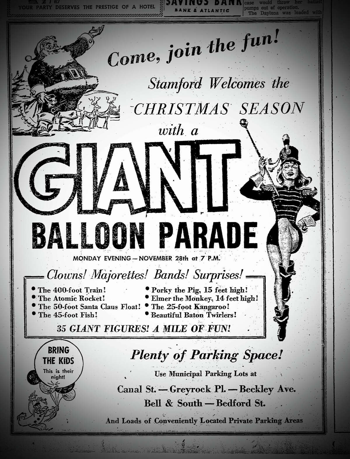 An advertisement for the Stamford Holiday Parade in the Stamford Advocate on November 21, 1955.