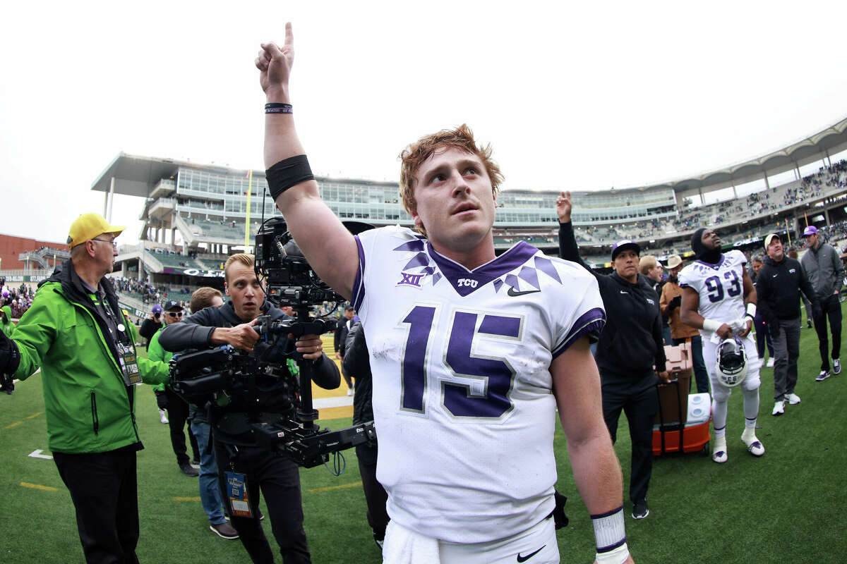 WACO, TEXAS - NOVEMBER 19: Quarterback Max Duggan #15 of the TCU Horned Frogs walks off the field after the Horned Frogs beat the Baylor Bears 29-28 at McLane Stadium on November 19, 2022 in Waco, Texas. (Photo by Tom Pennington/Getty Images)