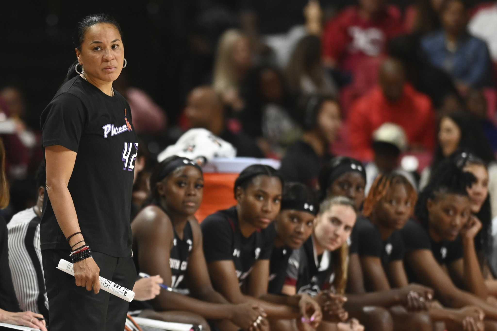 South Carolina head coach Dawn Staley, second from right, with