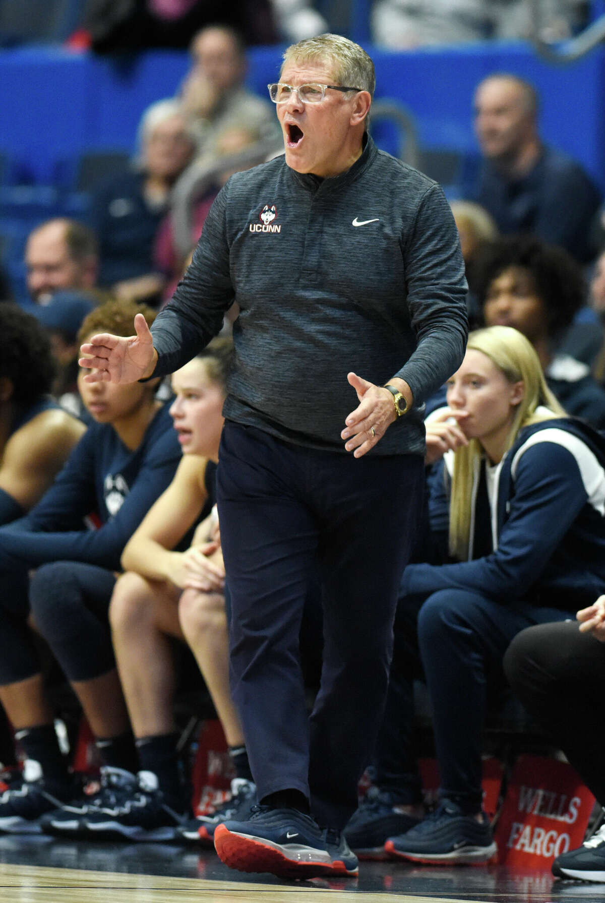 UConn head coach Geno Auriemma coaches in No. 5 UConn's 91-69 win over No. 10 NC State in the NCAA women's college basketball game at the XL Center in Hartford, Conn. Sunday, Nov. 20, 2022.
