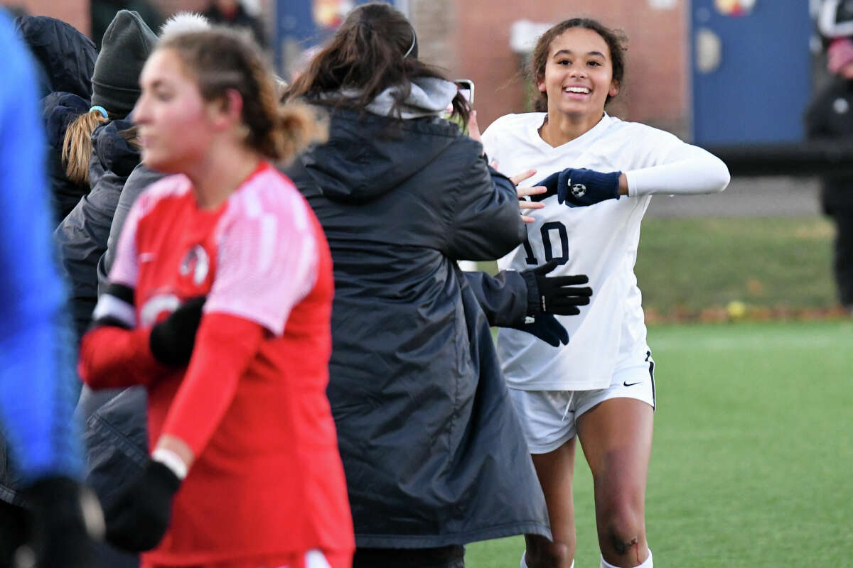 Staples' Natalie Chudowsky celebrates her goal during the Class LL girls soccer finals between Cheshire and Staples at Trinity Health Stadium on Sunday, Nov. 30, 2022.