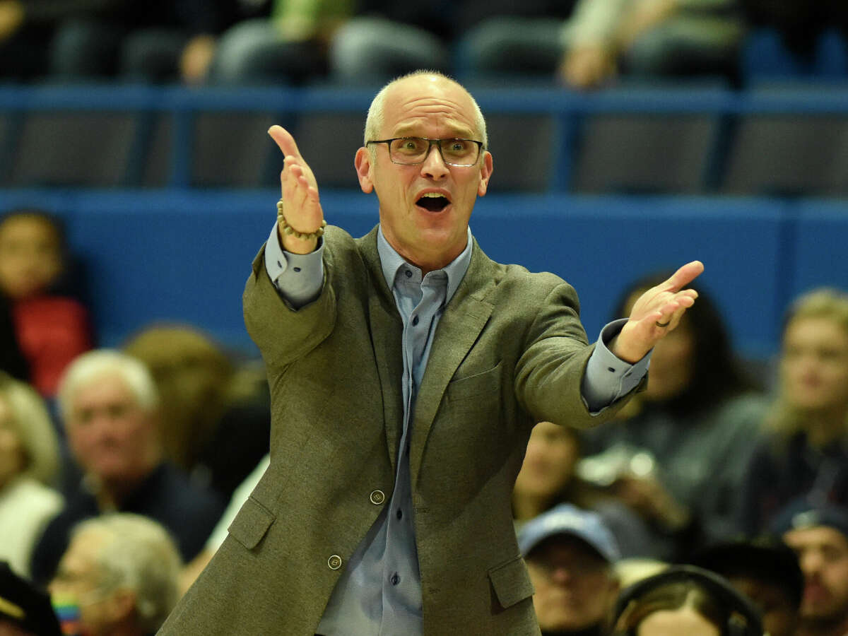 UConn head coach Dan Hurley coaches during the NCAA men's college basketball game between No. 25 UConn and Delaware State at the XL Center in Hartford, Conn. Sunday, Nov. 20, 2022.