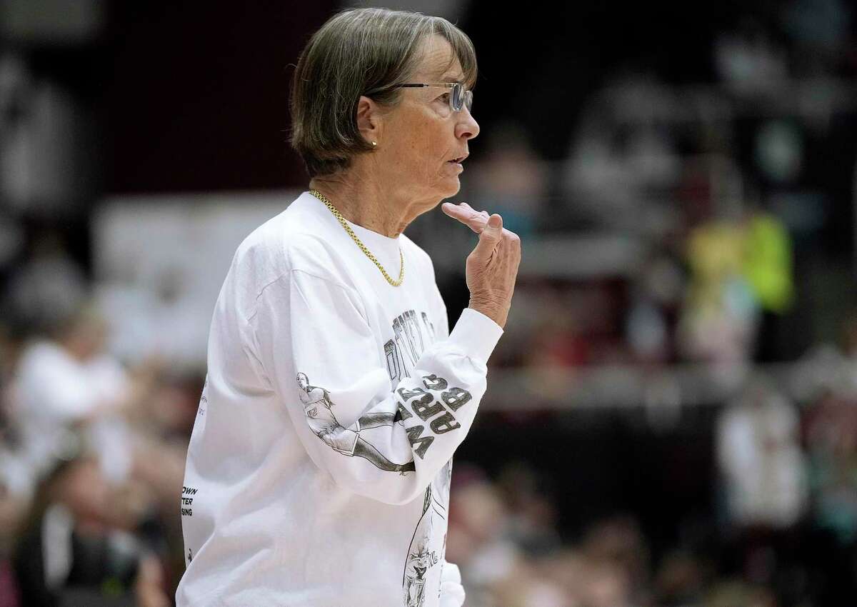 PALO ALTO, CALIFORNIA - NOVEMBER 20: Head coach Tara VanDerveer of the Stanford Cardinal looks on against the South Carolina Gamecocks during the first quarter at Stanford Maples Pavilion on November 20, 2022 in Palo Alto, California. (Photo by Thearon W. Henderson/Getty Images)