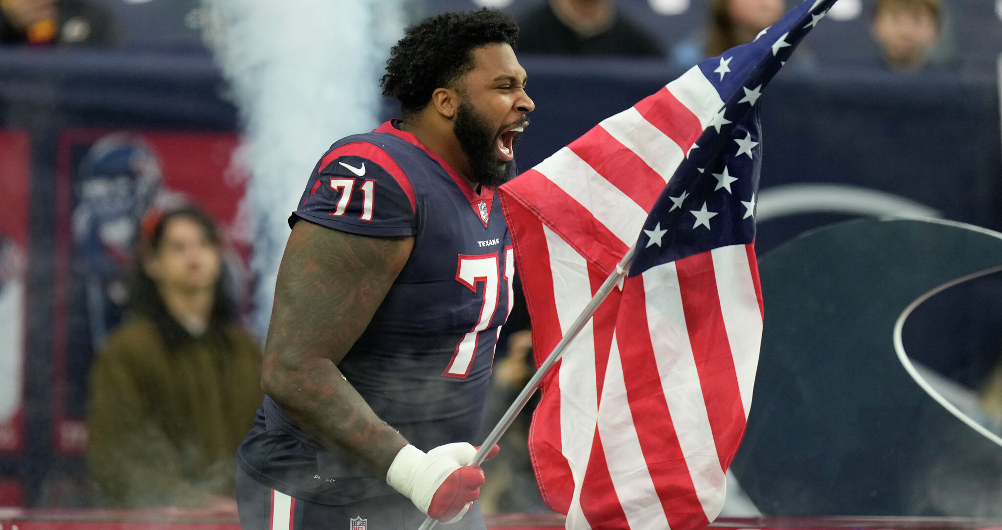 Houston Texans offensive lineman Tytus Howard (71) lines up for the snap  during an NFL football game against the Los Angeles Chargers on Sunday,  October 2, 2022, in Houston. (AP Photo/Matt Patterson