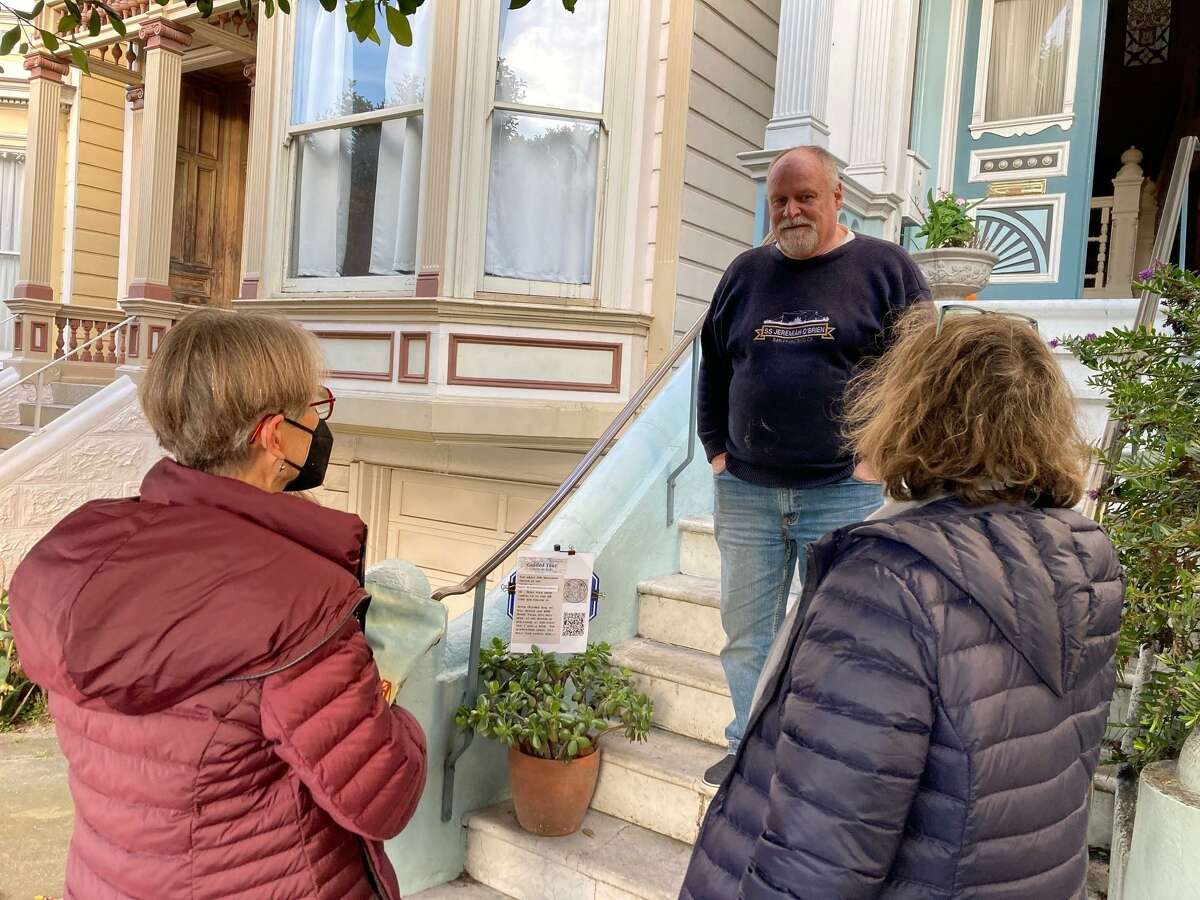 George Horsfall begins his Sunday tour of the Blue Painted Lady house to benefit artist Paul Madonna, who was seriously injured in a car crash.