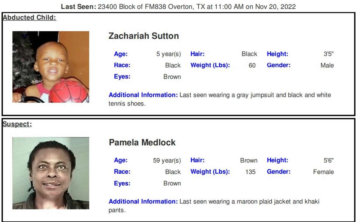 Zachariah Sutton was last seen Sunday morning wearing a gray jumpsuit and black-and-white tennis shoes. The suspect is Pamela Medlock, 59, who was last seen driving a green Jeep Wrangler with an unknown license plate. 