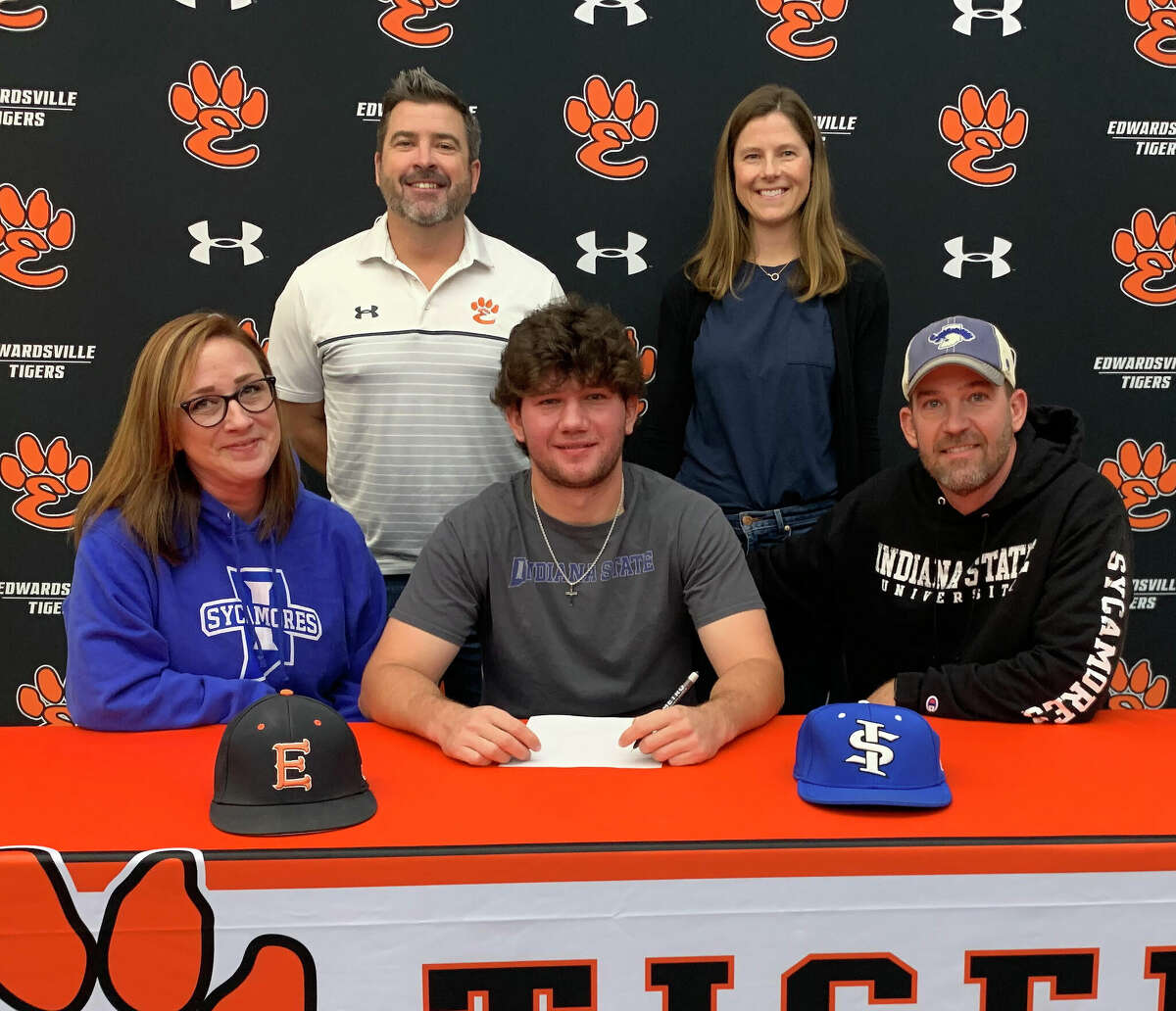 Edwardsville High School senior Riley Iffrig, seated center, will play baseball for Indiana State University.