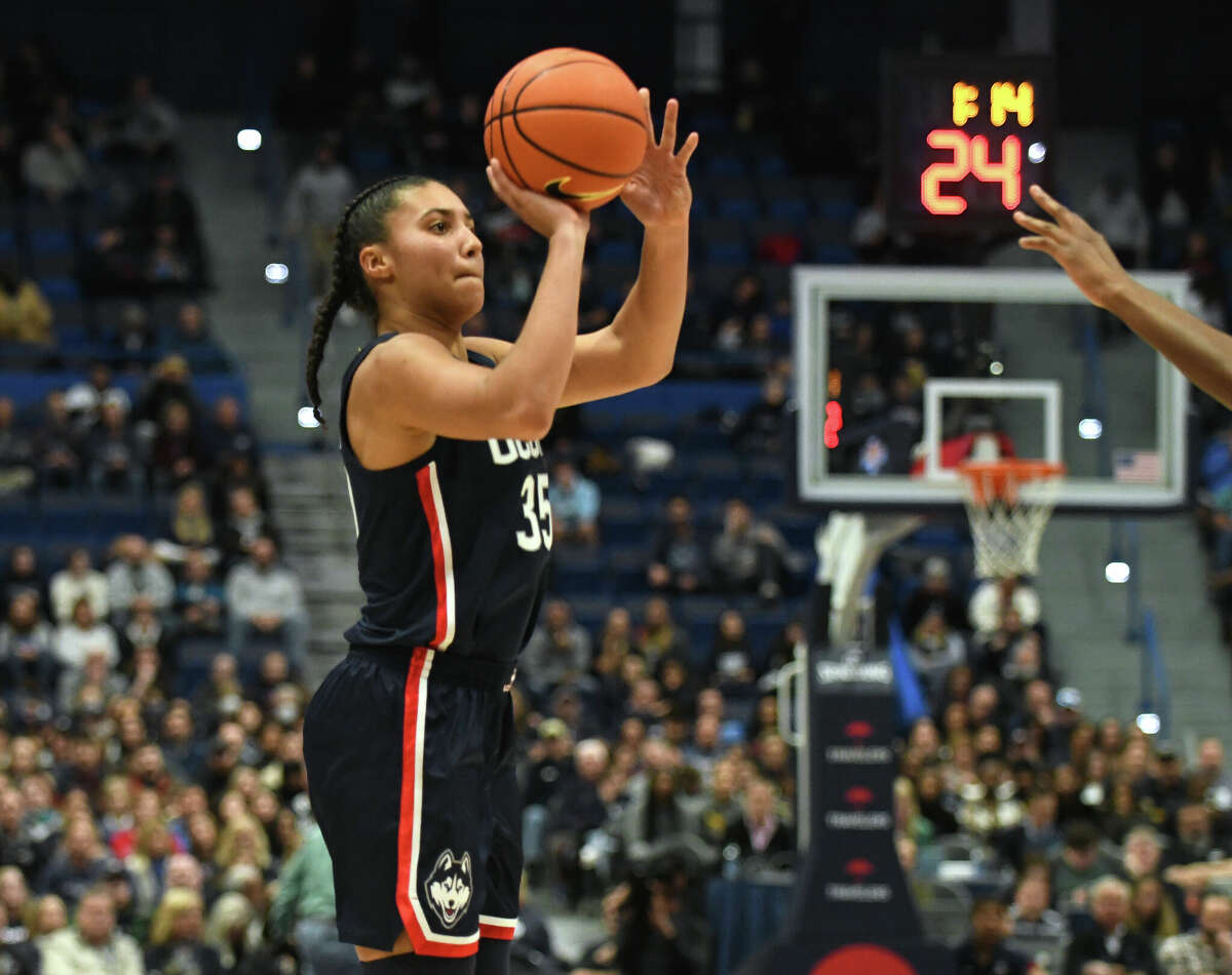 UConn guard Azzi Fudd (35) plays in No. 5 UConn's 91-69 win over No. 10 NC State in the NCAA women's college basketball game at the XL Center in Hartford, Conn. Sunday, Nov. 20, 2022.