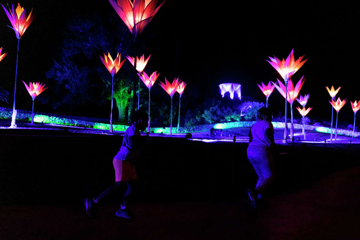 Two girls run past neon flowers at Lightscape, a holiday light installation at the San Antonio Botanical Gardens. Lightscape is open through January 8, and features many new exhibits.