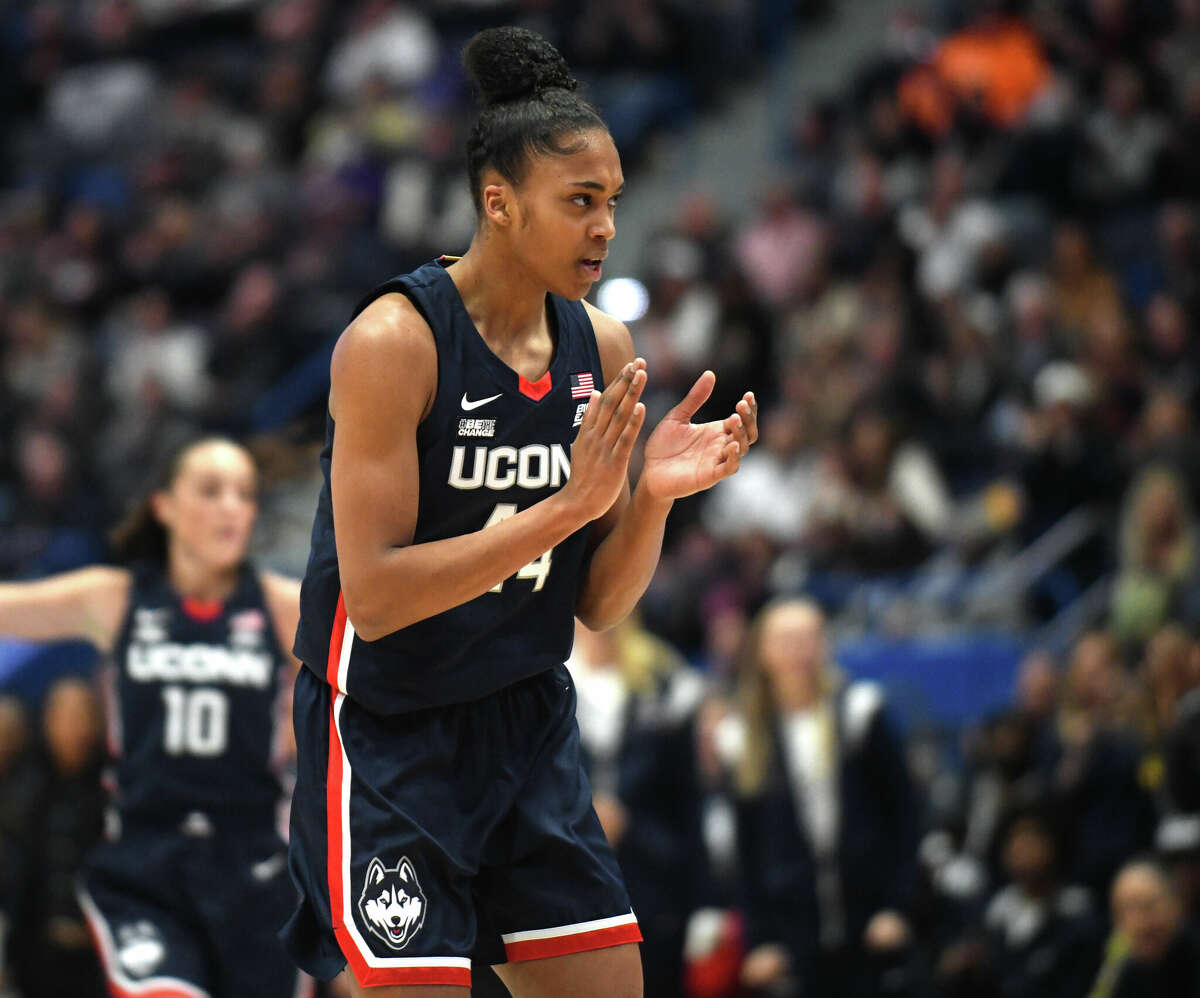 UConn guard Aubrey Griffin (44) plays in No. 5 UConn's 91-69 win over No. 10 NC State in the NCAA women's college basketball game at the XL Center in Hartford, Conn. Sunday, Nov. 20, 2022.