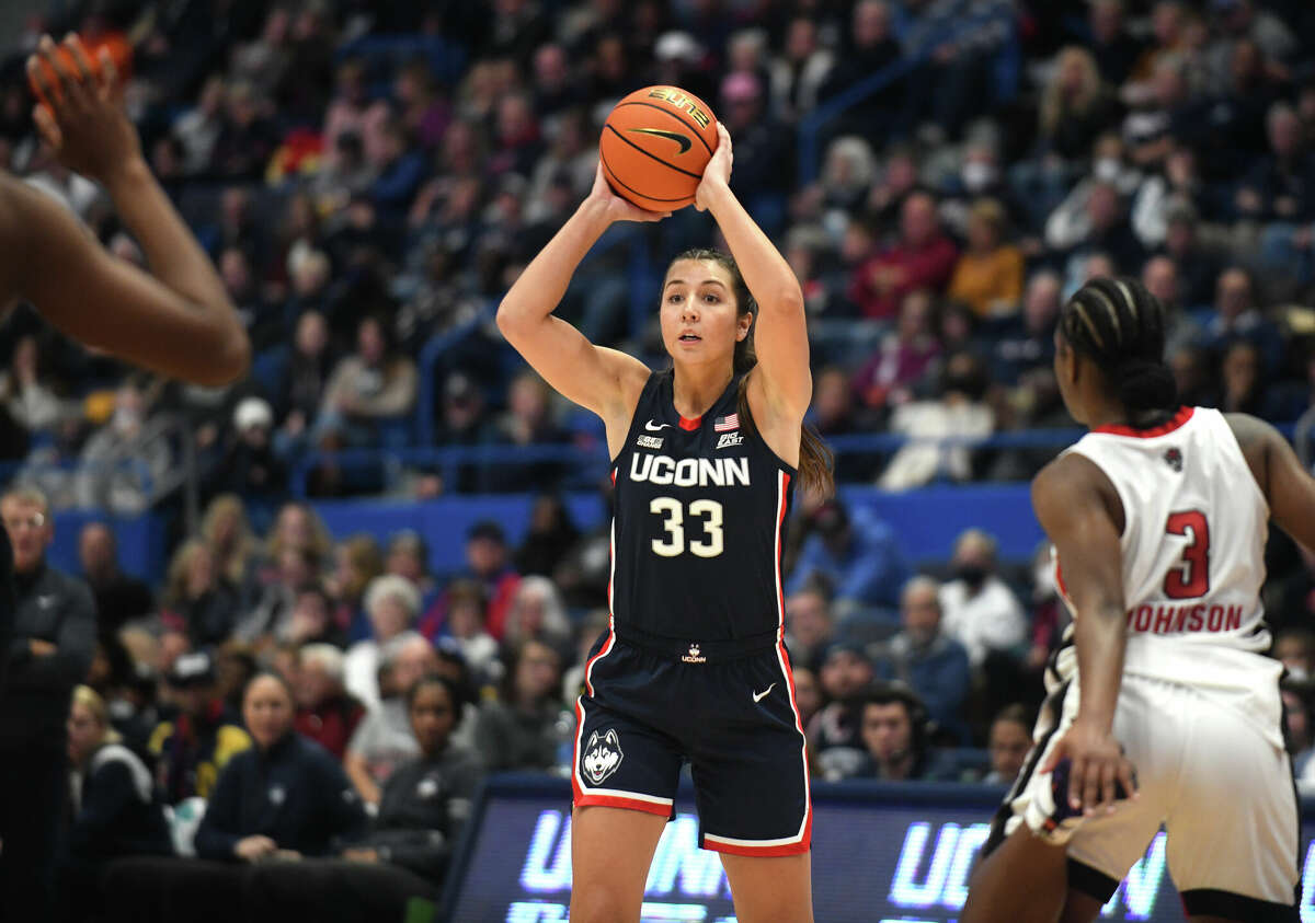 UConn's Caroline Ducharme plays in No. 5 UConn's 91-69 win over No. 10 NC State in the NCAA women's college basketball game at the XL Center in Hartford, Conn. Sunday, Nov. 20, 2022.