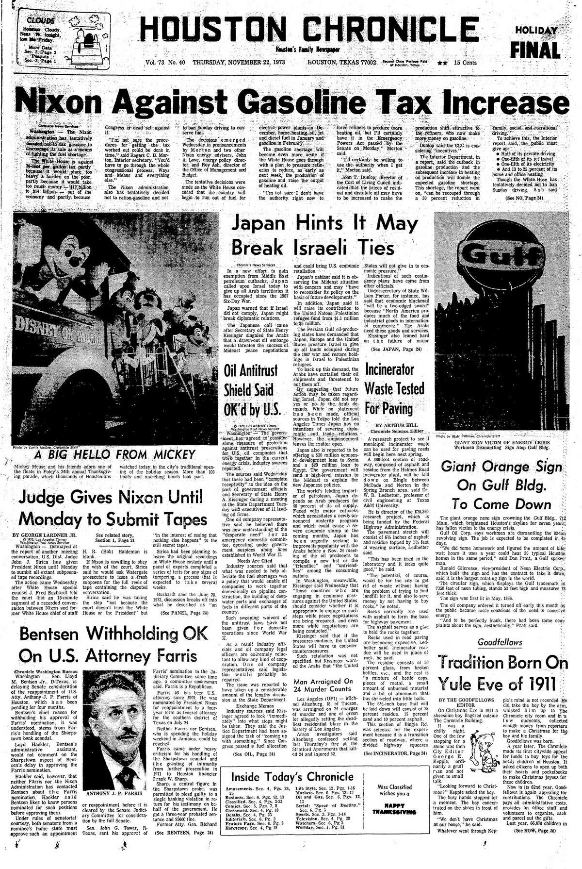 Houston Chronicle front page for Nov. 22, 1973.
