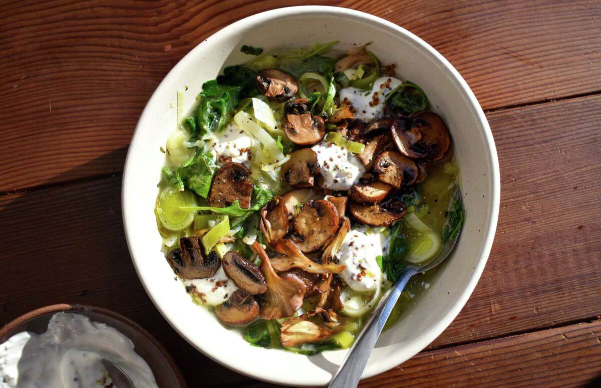 Raid your fridge to make a simple leek soup topped with roasted mushrooms.