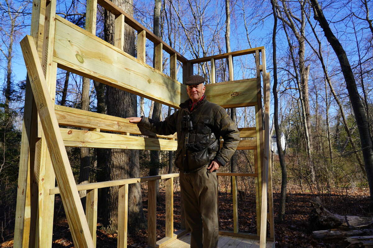 Chris Schipper shows off the construction of the new Bird Blind being built in Bristow Park in New Canaan, on Nov. 21, 2022. 