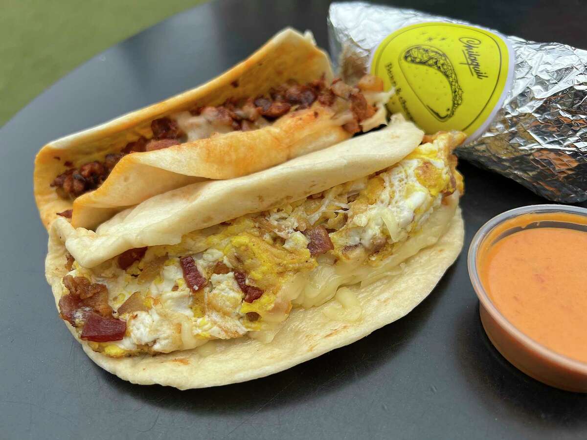 Breakfast taco options at Chilaquil at the Bottling Department food hall at the Pearl in San Antonio include bacon, egg and cheese; chorizo and potatoes with cheese; and bean and cheese.