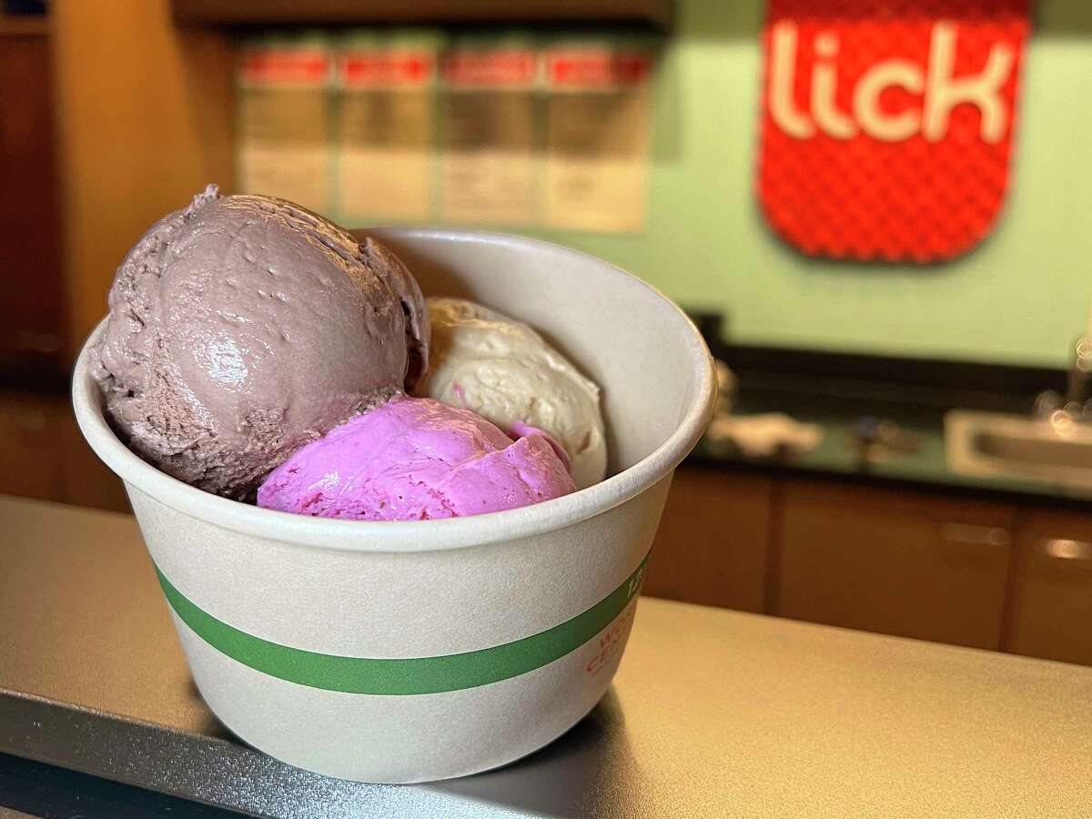 Ice cream flavors at Lick Honest Ice Creams at the Pearl in San Antonio include dark chocolate with olive oil and sea salt; roasted beets with mint; and salted caramel.