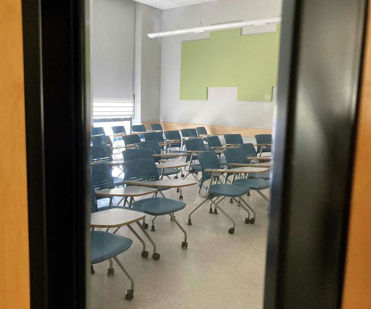 An empty social sciences classroom at UC Berkeley is typical of classrooms across the state as 48,000 UC student instructors, researchers and postdocs entered the second week of a labor strike.