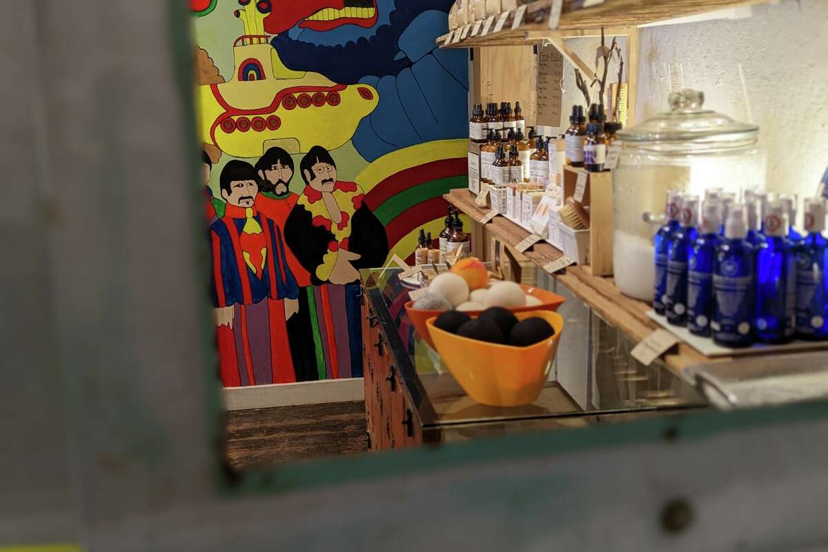 Downtown Local in Pescadero is a rock and roll-themed coffee shop featuring a Beatles murals.